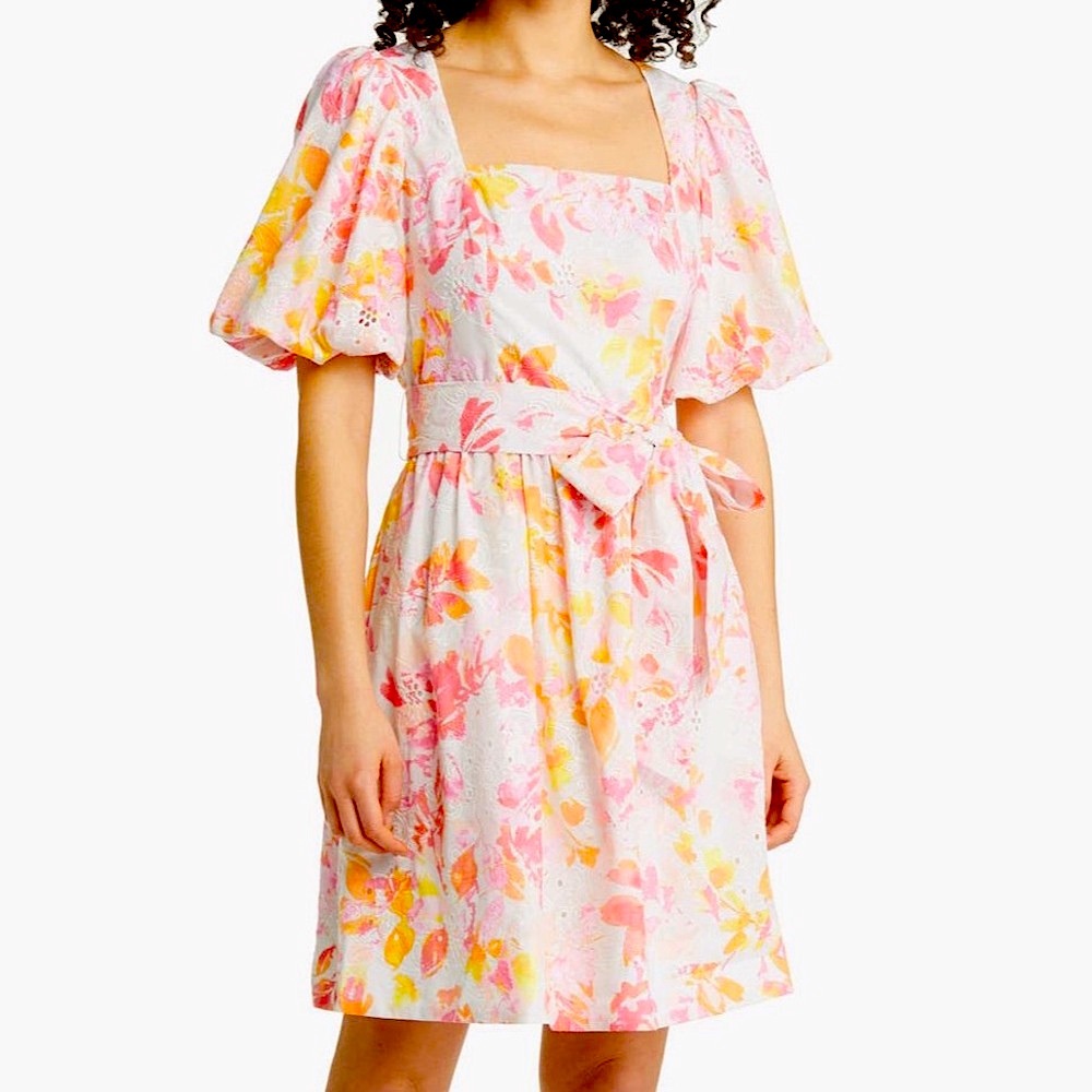 NEW Eliza J Floral Print Puff Sleeve Eyelet Dress